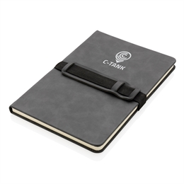 Luksus A5 hardcover PU notesbog med telefon- og penneholder, grå